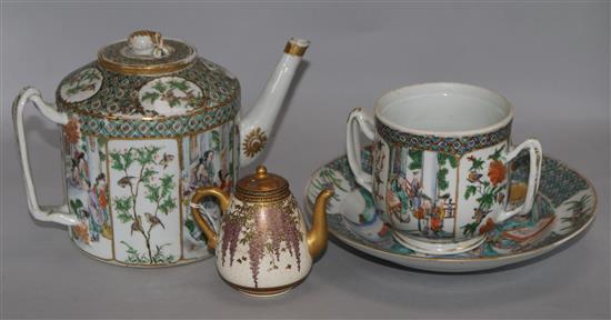 A Satsuma miniature teapot, 3.25in., a late 18th century Chinese famille verte teapot, a plate and a cup